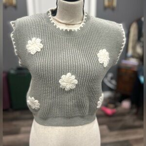 Luna Ivy Olive Green 3D Crochet Flowers Sweater Vest Chunky Small Daisy Cottage